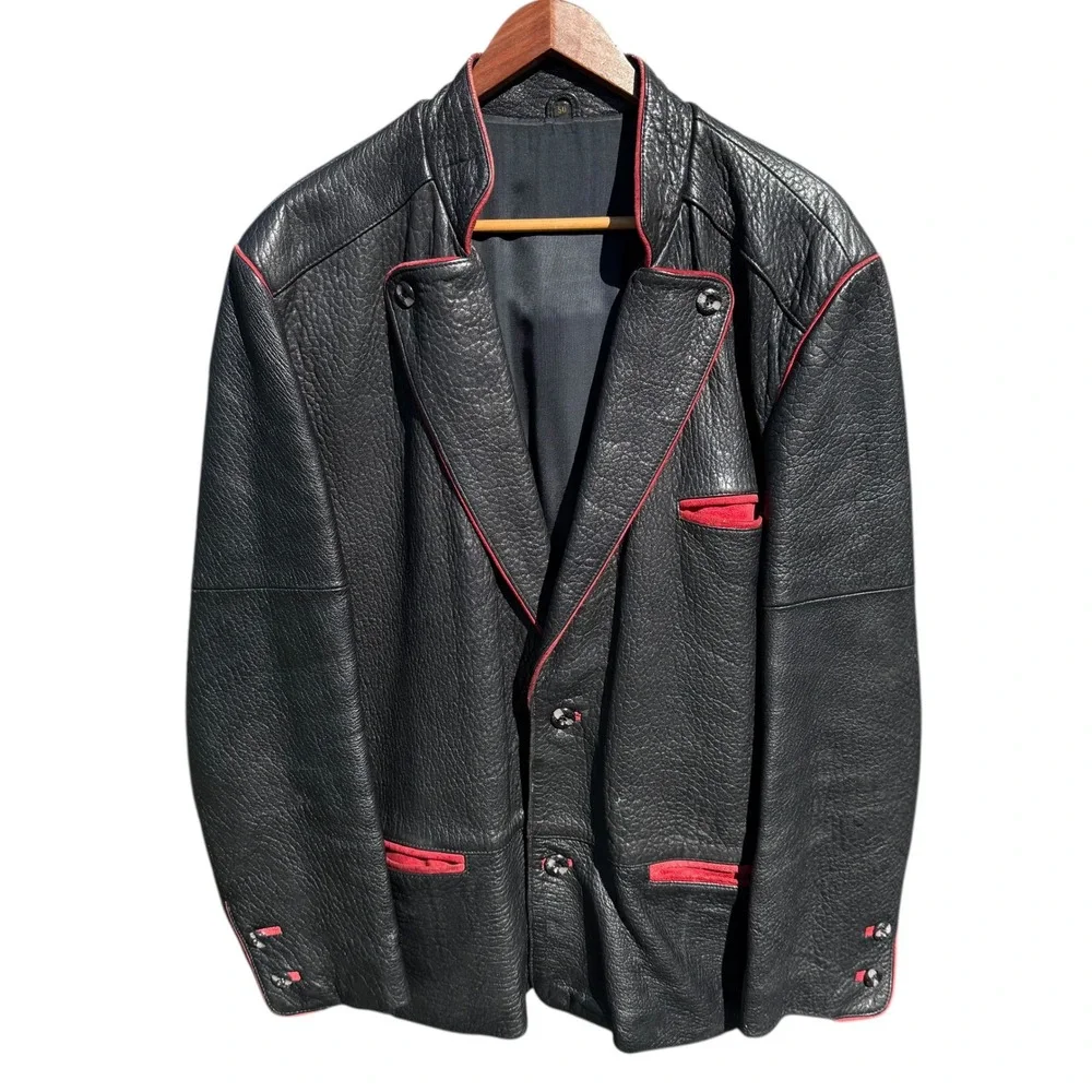 Vintage Mens Black Leather Blazer Jacket Red Trim Western Style‎ Size 50
